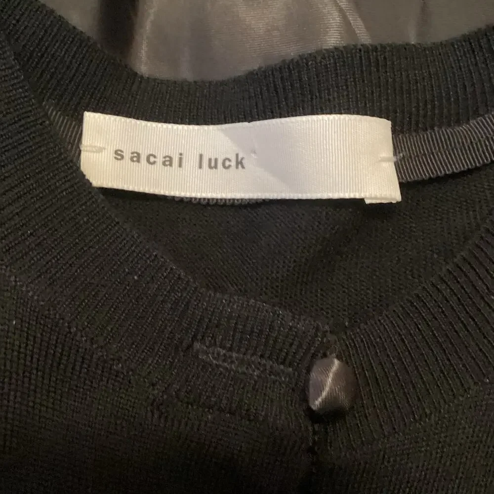 Sacai Satin Panel Back Fine Gauge Knit 100% Wool Cardigan Black S FLAW